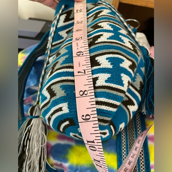 Wayuu Mochila Colombian Aztec Print Blue Black Grey Tassels Crossbody Bag - Picture 7 of 7